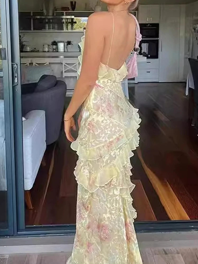 New Women's V Neck Ruffled Slim Long Dress Fashion Sleeveless Floral Print Suspender Dress Casual Backless Summer Beach Dresses