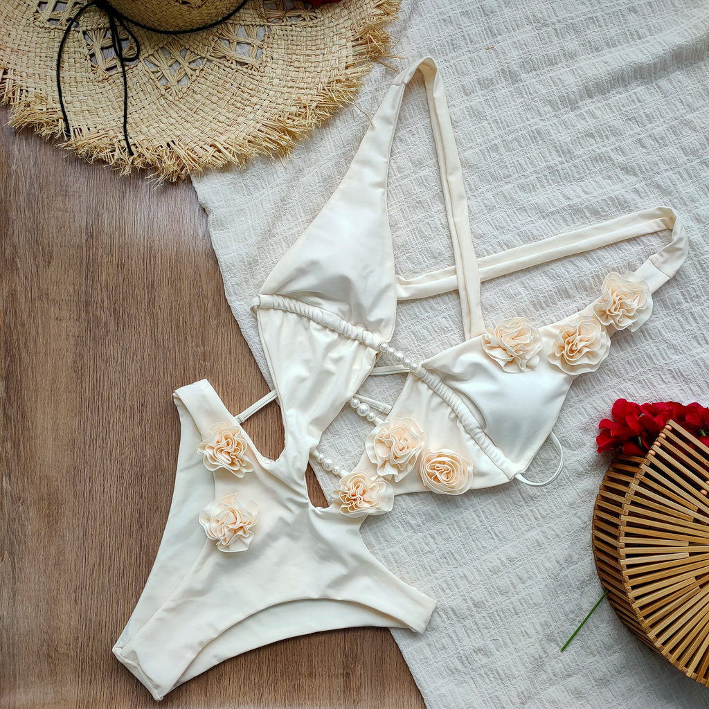 2026 New 3D Flowers One Piece Swimsuit Women Solid Sexy Hollow Out Swimwear Tropical Summer Beachwear Bathing Suit Bodysuit