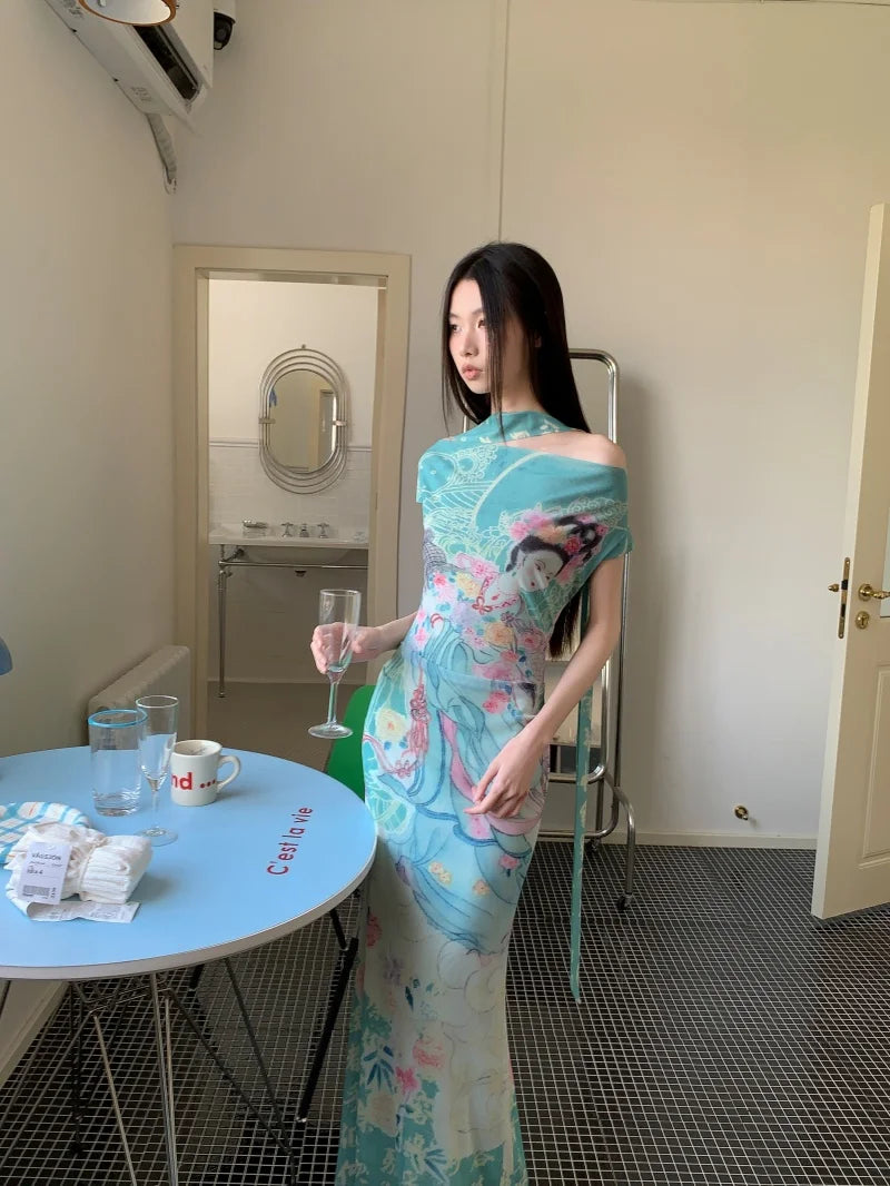 CHEERART Myth Fairy Print Vintage Off The Shoulder Maxi Dress Women Mesh Tunics Bodycon Long Dress 2025 Summer Fashion