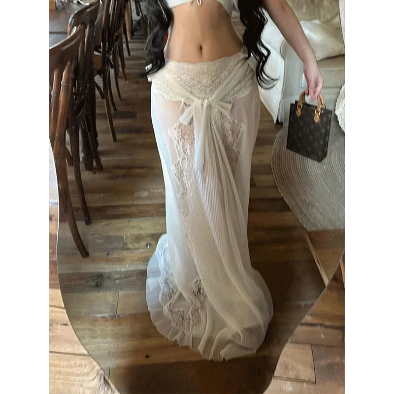 Nicemix Summer New French High-end Lace Patchwork Low Waist White Skirt for Women Fairy Fishtail Wrap Hip Slimming Long Skirt