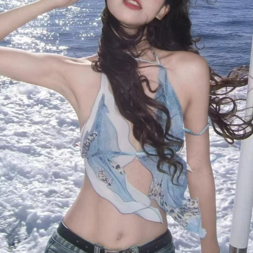 Women Sexy Halter Backless Camisole Asymmetrical Floral Print Mesh Strap Top Summer Beachwear Korean Style Slim Fit Shirt 2025