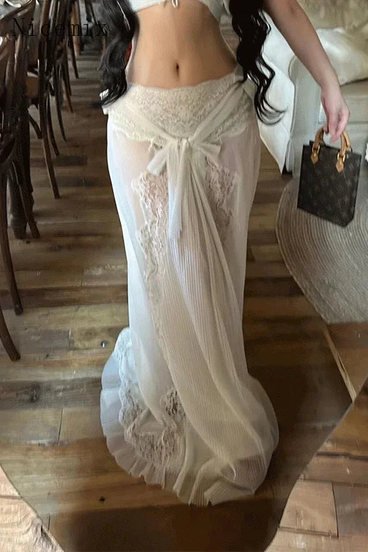 Nicemix Summer New French High-end Lace Patchwork Low Waist White Skirt for Women Fairy Fishtail Wrap Hip Slimming Long Skirt