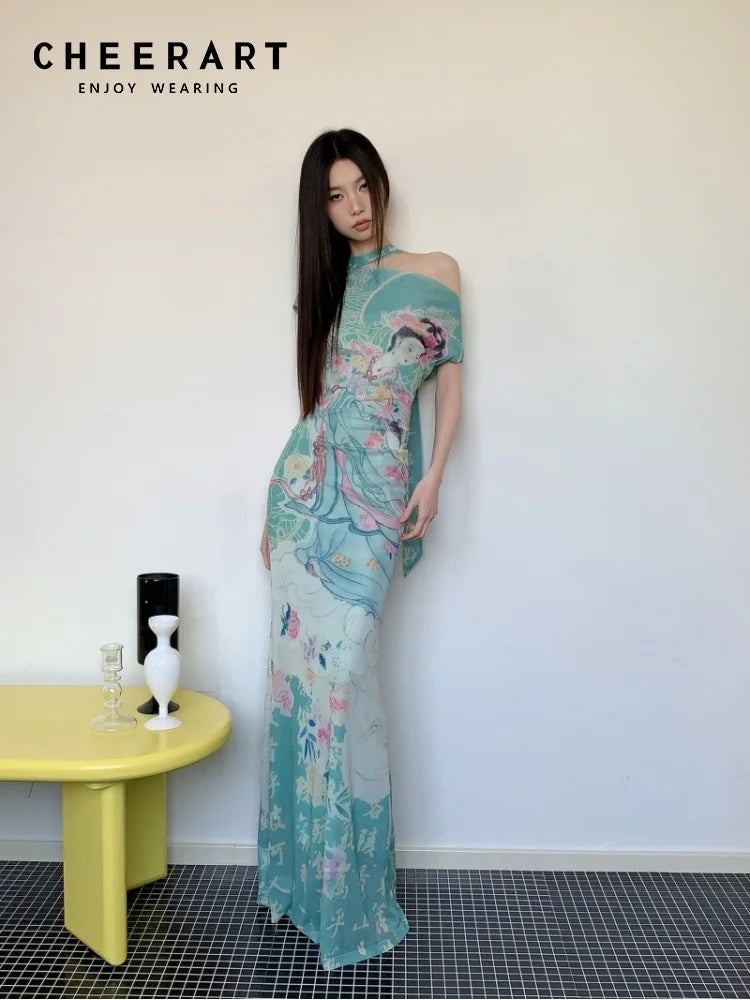 CHEERART Myth Fairy Print Vintage Off The Shoulder Maxi Dress Women Mesh Tunics Bodycon Long Dress 2025 Summer Fashion