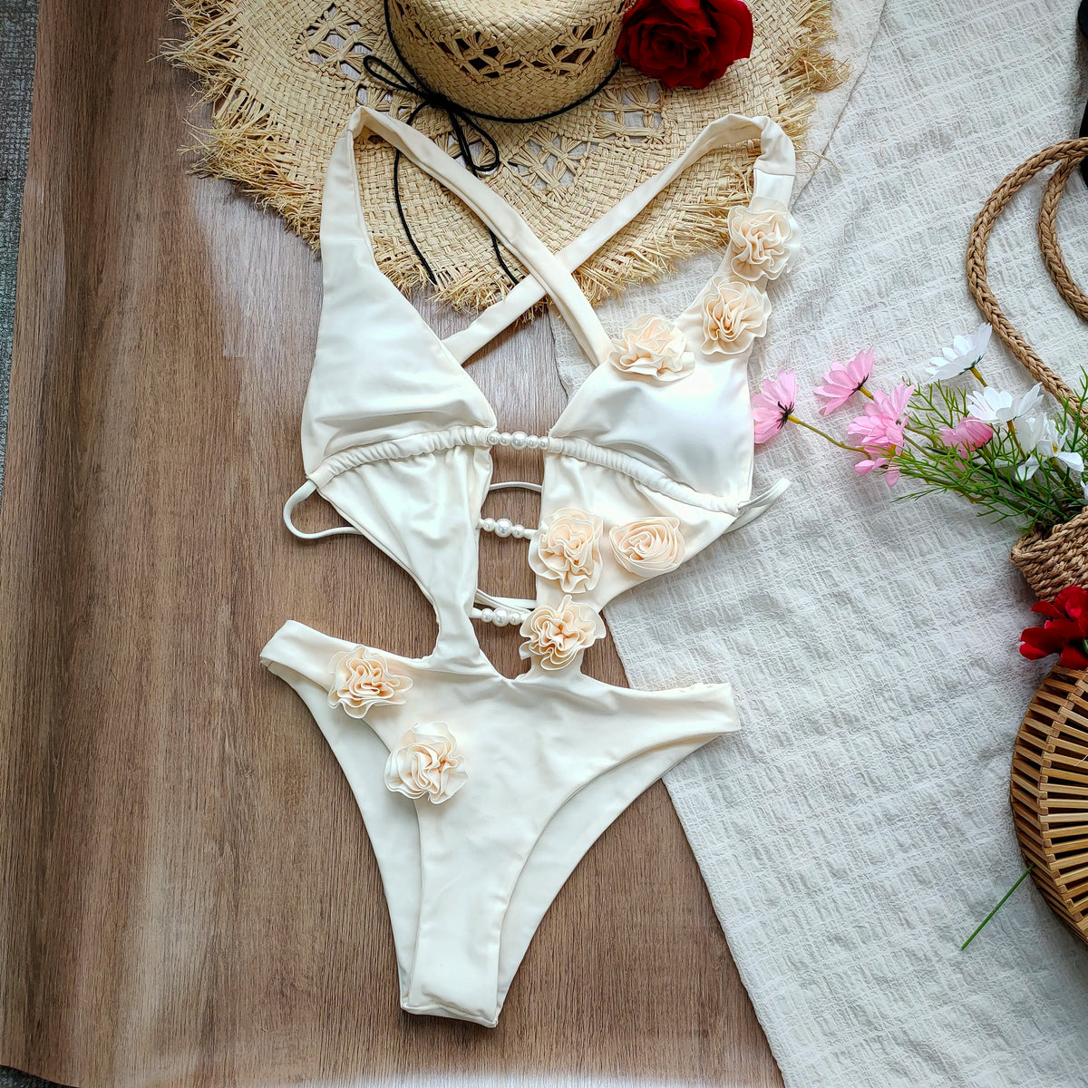 2026 New 3D Flowers One Piece Swimsuit Women Solid Sexy Hollow Out Swimwear Tropical Summer Beachwear Bathing Suit Bodysuit