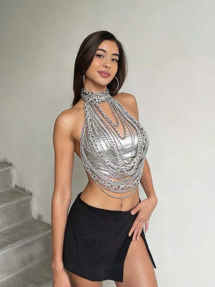 Silver Metal Chain Halter Top Sexy Layered Body Chain Vest Women Festival Rave Party Clubwear Lingerie Jewelry Accessory