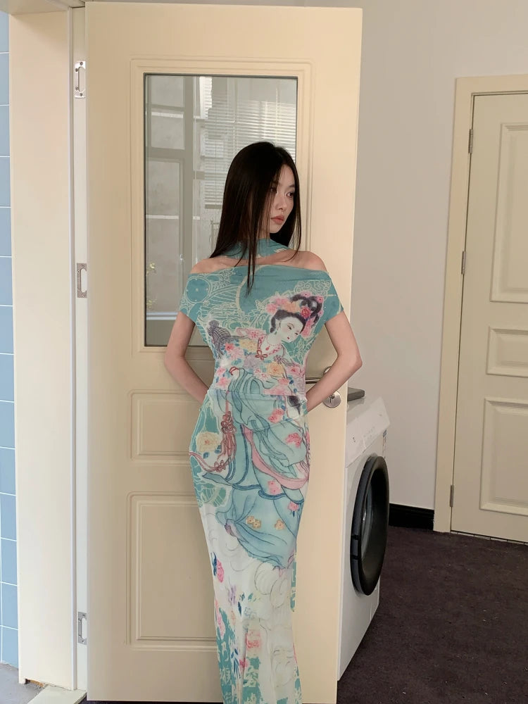 CHEERART Myth Fairy Print Vintage Off The Shoulder Maxi Dress Women Mesh Tunics Bodycon Long Dress 2025 Summer Fashion